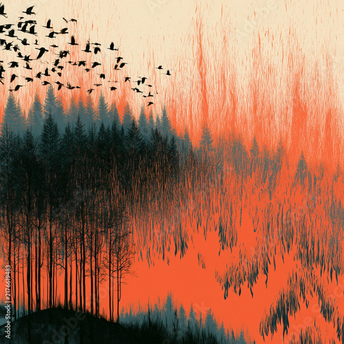Silhouettes of birds soar fleeing forest fire abstract landscape suggesting freedom and migration. Wildfire. 