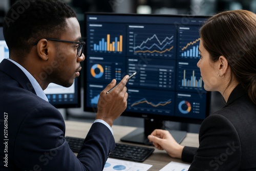 Financial analysis and data tracking professionals reviewing corporate reports for strategic planning and compliance auditing.
