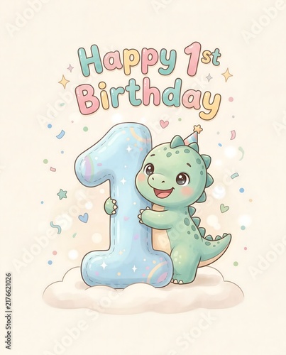 Baby dinosaur hugging blue number one for first birthday