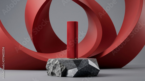 Abstract red flowing 3D ribbon around a rough stone podium perfect for premium cosmetic product presentations and luxury beauty mockups