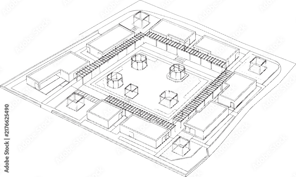 Fototapeta premium Isometric architectural site plan sketch showing a central courtyard surrounded by modular building blocks in black lines
