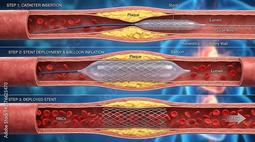 Coronary stent insertion and deployment procedure illustration