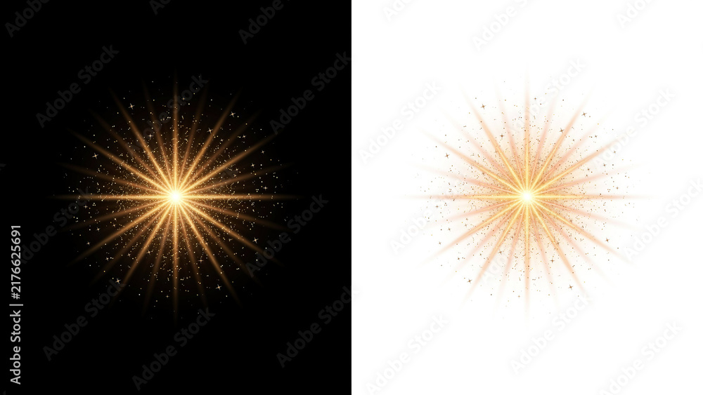 Fototapeta premium Glowing golden starburst flare with sparkling particles on black and white