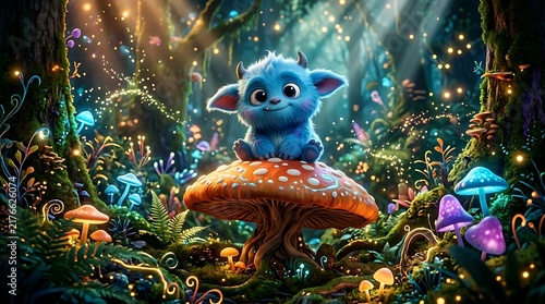 A cute fluffy blue fantasy creature sitting on a large glowing mushroom in an enchanted forest.