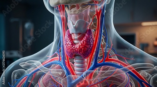 Anatomical illustration of the human thyroid gland with surrounding blood vessels and respiratory system.