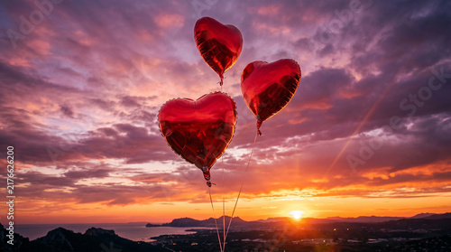 Red heart balloons floating into a majestic dramatic sunset sky perfect for epic romantic journeys and passionate Valentine day event concepts