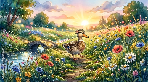 A cute duckling walking through a vibrant wildflower meadow at sunrise near a small stone bridge.