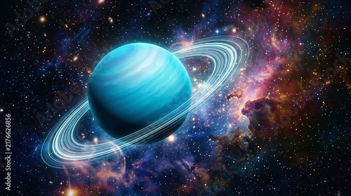 A stunning view of a blue gas giant planet with rings floating in deep space.