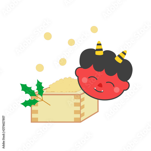 Plakat 節分の豆まきと赤鬼のイラスト