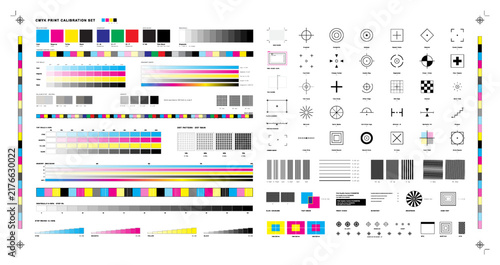 Принти на полотні CMYK print calibration template with registration marks, color bars, gradient ramps, dot gain patterns, crosshairs, and quality control elements for offset printing