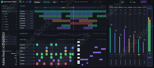 Принти на полотні Digital audio workstation DAW interface with music arranger timeline, multi channel audio mixer faders, drum step sequencer grid, piano roll editor, and sound library sidebar