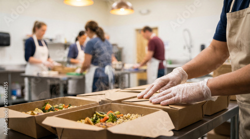 Plakat Volunteers packing healthy meals into cardboard containers in a commercial kitchen for community food distribution