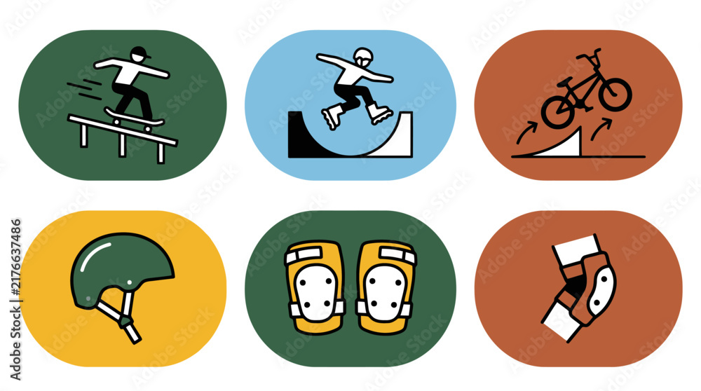Fototapeta premium Vector Extreme sports icons set featuring skateboarder bmx bike rollerblader and safety protective gear helmet pads. EPS Editable