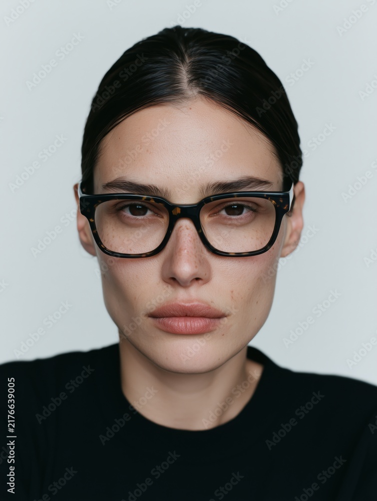 Fototapeta premium 黒縁の眼鏡をかけた女性のアップ。シンプルな背景でメガネファッションやビューティーイメージに最適なポートレート
