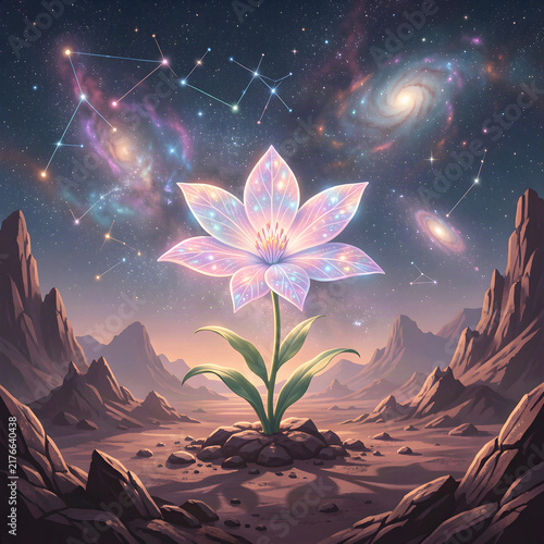 A single, delicate flower blooms in the harsh, jagged terrain of a distant planet.