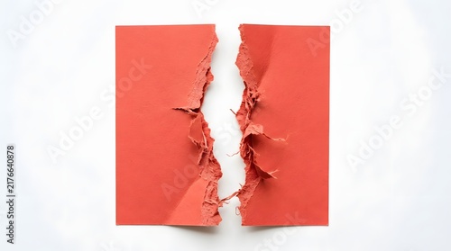 Red paper sheet split vertically down the middle with rough torn edges showing white space.