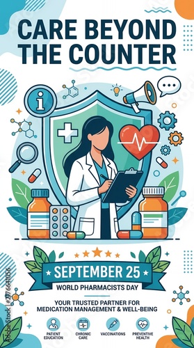 World Pharmacists Day poster featuring healthcare icons and pharmacist.