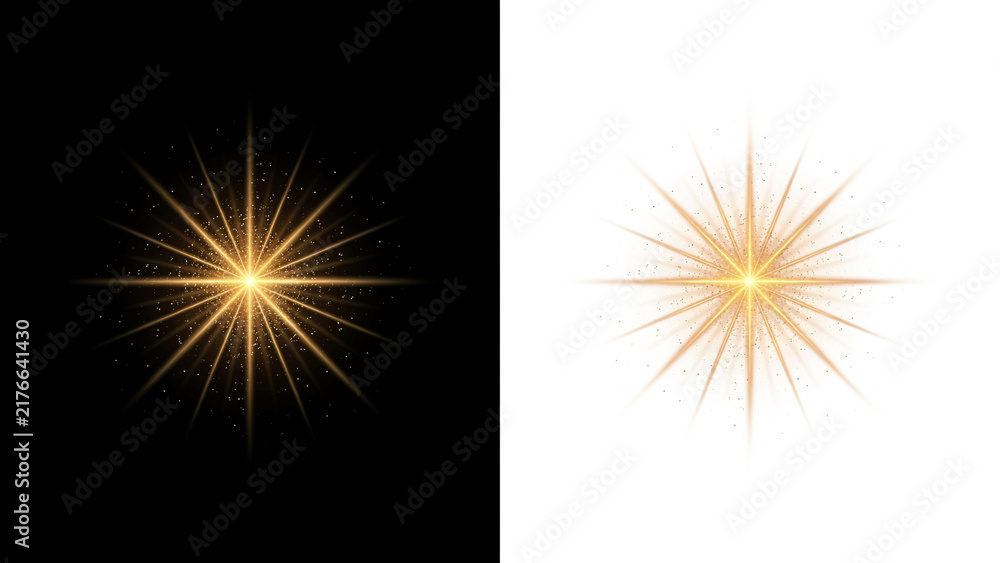 Fototapeta premium Radiant golden starburst with sharp light rays and glowing dust on split background