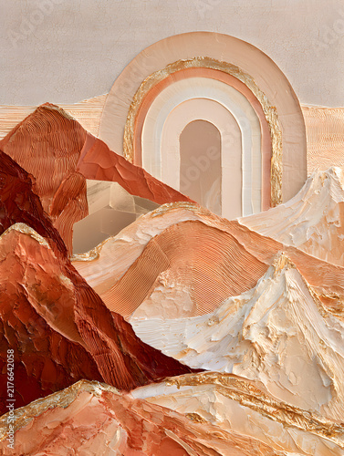 Serene mixed media abstract architectural landscape artwork with plaster arches and earth tones