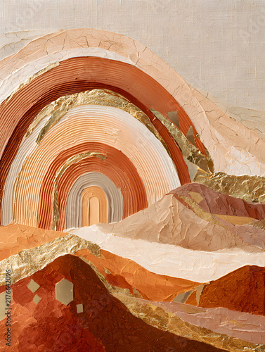 Serene mixed media abstract architectural landscape artwork with plaster arches and earth tones