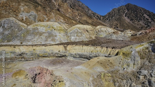 Vast mountain landscape with yellow-brown volcanic formations under a blue sky, volcanism, volcanic island, Polyvotis crater, Nisyros, Dodecanese, Greek Islands, Greece