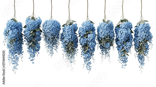 Una hilera de ocho ramos de flores de hortensia azul colgando verticalmente sobre un fondo blanco puro, creando un diseño floral elegante y simétrico ideal para decoraciones de bodas o eventos