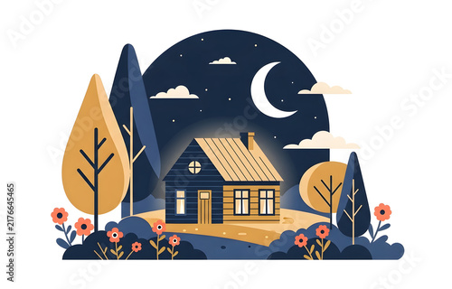 Peaceful Night Country Landscape with Crescent Moon Cozy Cottage Warm Garden and Floral Fields under Starry Sky