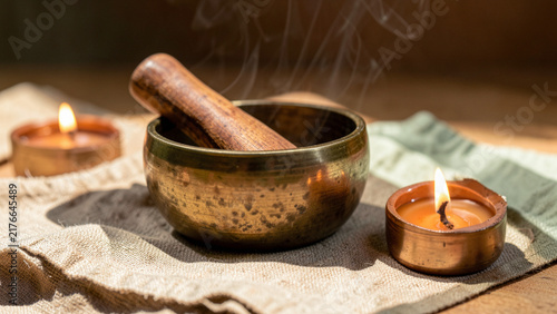 Tibetan Singing Bowl Wooden Striker Linen Candles