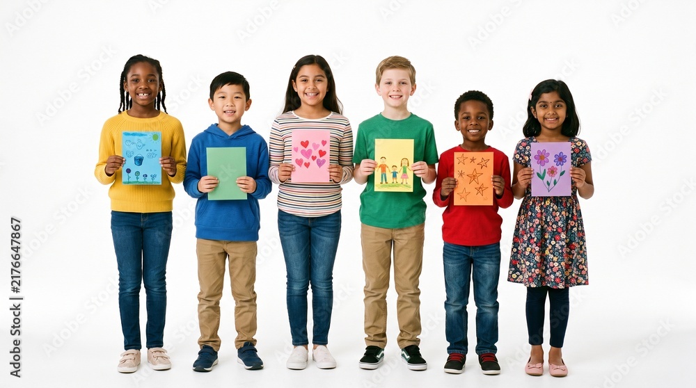 Obraz premium Diverse group of children proudly displaying their artwork and drawings