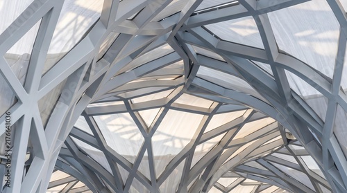 Obraz na płótnie Abstract close up of a futuristic parametric steel canopy roof structure with translucent fabric panels and soft sunlight filtering through, modern architectural background concept