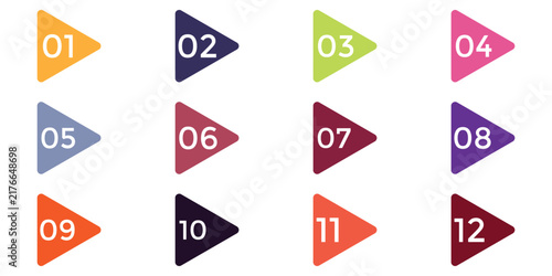 Colorful arrows with bullet points numbers from one to fifteen isolated on white background. Vector illustration. 