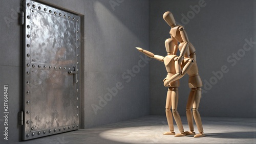 Wooden figures embrace before a heavy, bolted door reflecting their silhouette.