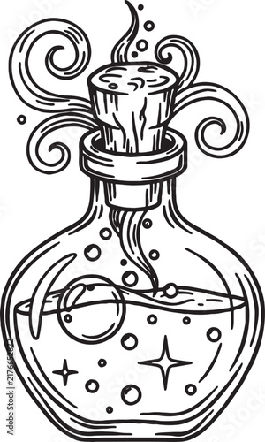 Black and white line art illustration of a magical potion bottle with magicpotions witchcraft halloween illustration isolated monochrome chemistry supernatural enchanted