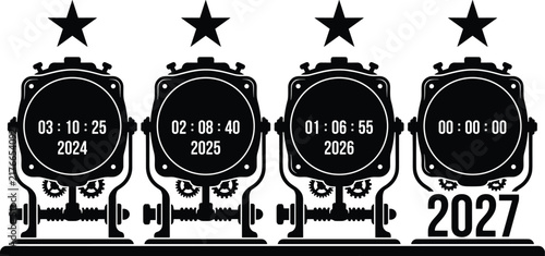 Photography Black vector silhouette of vintage countdown clocks featuring years 2024 to 2027