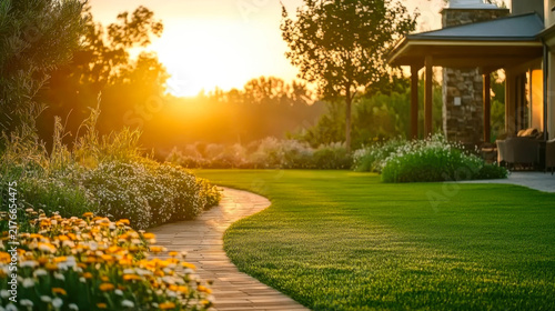 Pathways with green lawns, Landscaping in the garden,Top view of curve walkway on green grass field