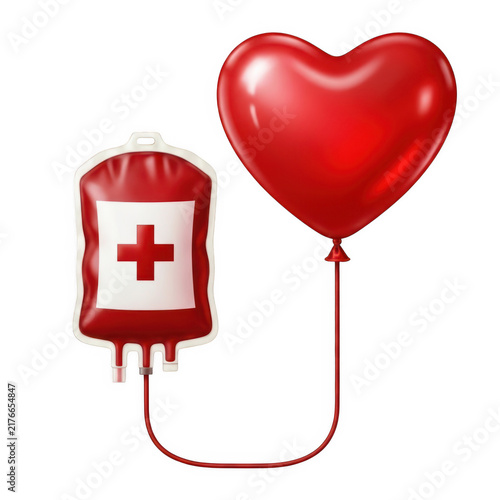 Red heart balloon connected to blood bag icon