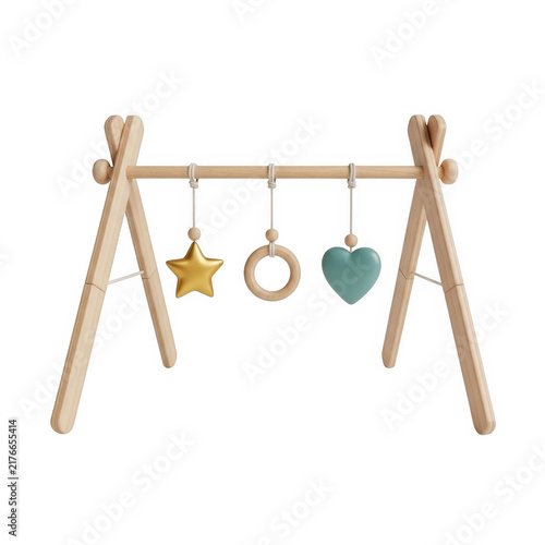 Wooden mobile with star and bell decorations
