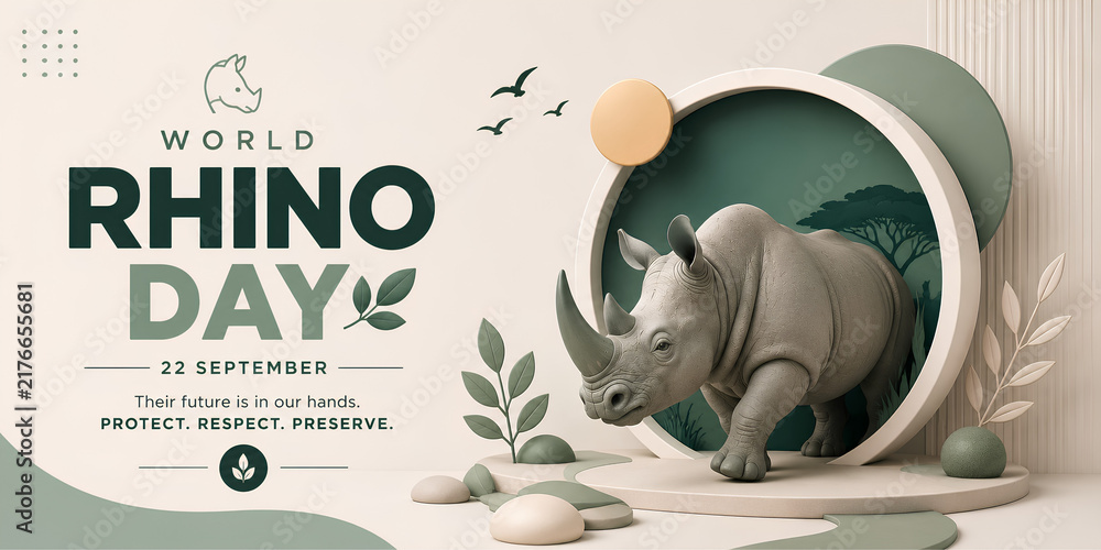 Fototapeta premium World rhino day banner featuring rhinoceros in 3D nature scene wildlife conservation animal protection save rhinos