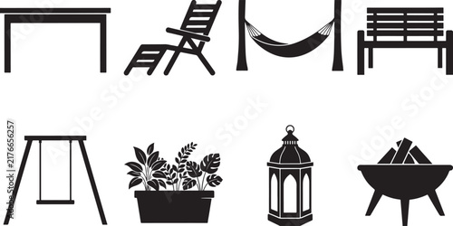 Collection of outdoor furniture and leisure items for garden and park, including swing hammock bench.