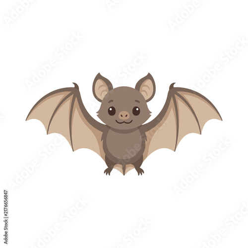 Cute Brown Bat Cartoon Character Flying with Open Wings Isolated on White Background