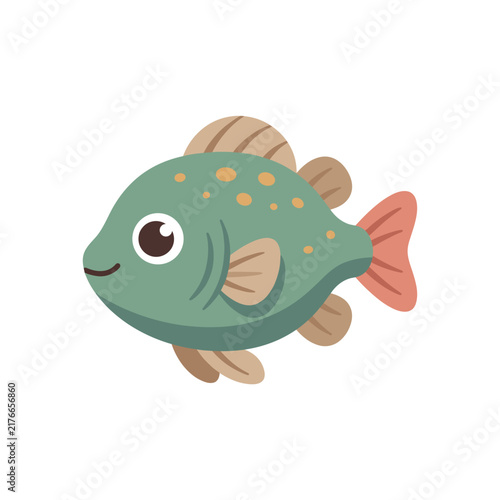 Cute Green and Orange Cartoon Fish Illustration Isolated on White Background