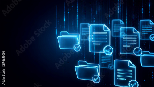 Naklejka Secure data migration concept showing floating verified digital folders and approved documents syncing in modern cloud storage network