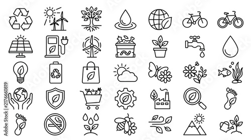 Eco friendly icons set recycle solar wind plant water earth bike nature energy