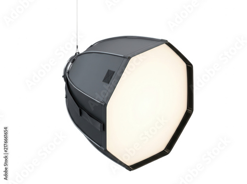 Um modificador de luz octabox profissional suspenso, utilizado em fotografia de estúdio para criar uma iluminação suave e difusa, isolado sobre um fundo branco puro para edição e design gráfico.