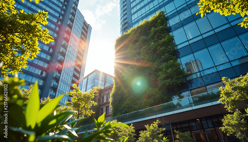 Modern glass office building with vertical garden wall and sun flare in urban city center