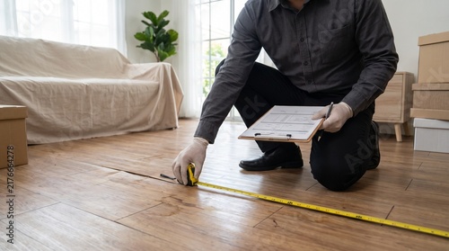 Home inspector in gloves, holding a clipboard and yellow tape measure, measuring damaged wooden floorboards, inside a modern living room, real estate photography
