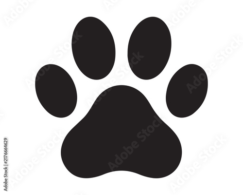 Black animal paw print silhouette representing a pet footprint with dog paw cat paw pet track puppy paw kitten paw black and white illustration