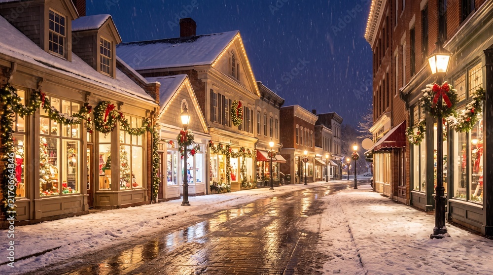 Fototapeta premium A charming historic town street decorated with festive holiday lights during a snowy winter evening with storefronts decorated garlands quiet cobblestone street