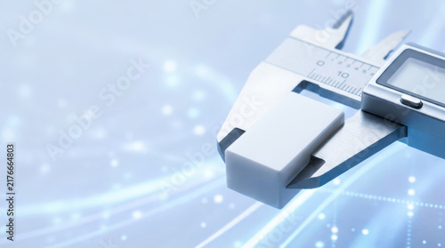 Financial audit concept with digital caliper and glowing data network suggesting precise measurement, accuracy, technology, and analytical review