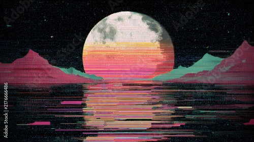 Retro synthwave sunset landscape with glitch art effect